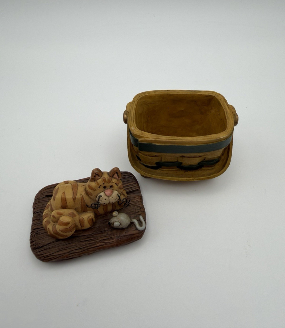 Blossom Bucket Trinket Box Kitty Cat Mouse Wicker Basket Figurine Suzi Skoglund